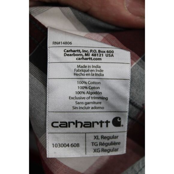 Carhartt Xl Relaxed Fit Burgundy/Gray Plaid Short Sleeve Button Front Shirt - Picture 7 of 7